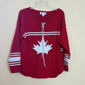 red cotton country Canada hockey sweater size small white maple leaf